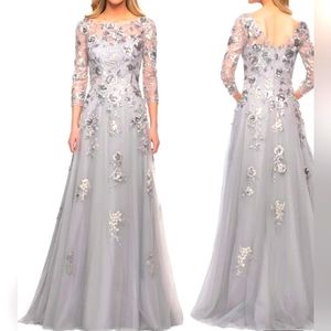 La Femme Size 12 Silver Sequin 3D Beaded Floral Sheer Illusion Lace Maxi Gown NW